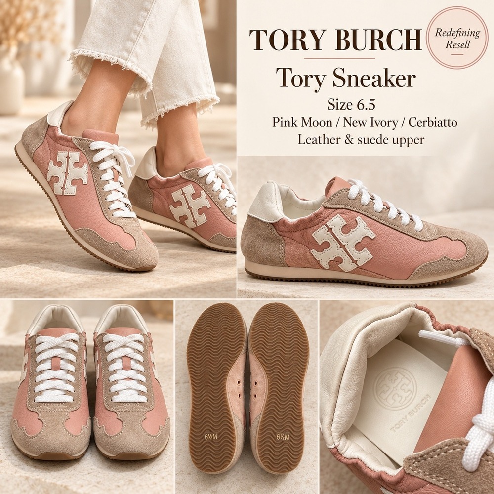 Tory Burch Tory Sneaker Pink Moon New Ivory Suede Leather 78495 Womens 6.5 NEW